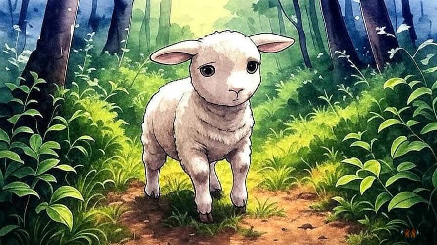 A watercolor image of a scared and lost lamb