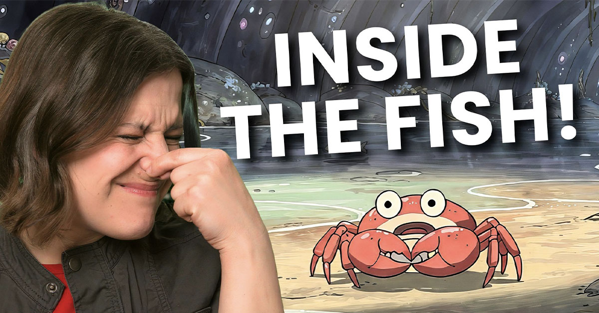 A startled crab inside a whale's stomach.